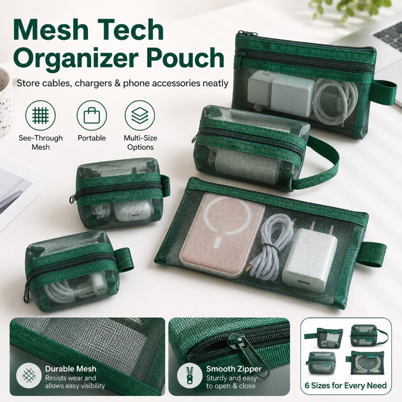 Office Tech Bag - 6PCS Mesh Tech Organizer Pouch, Portable